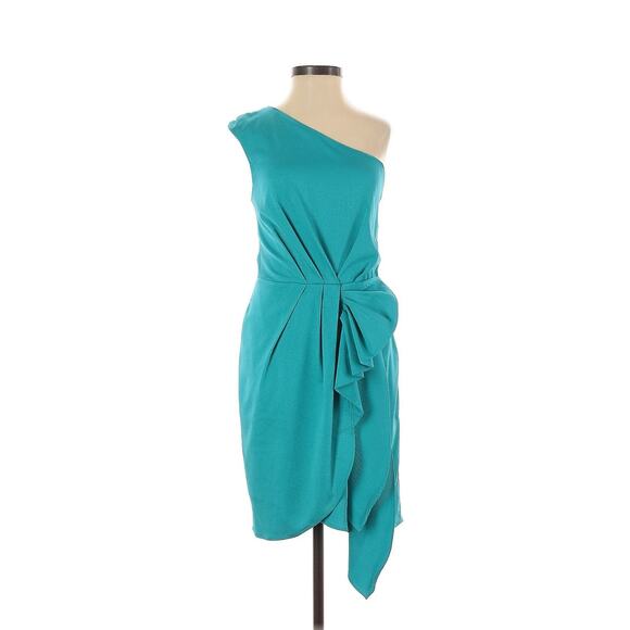 NWT BCBG WOMENS 0 DEEP AQUA BLUE GREEN DRAPED ONE SHOULDER DRESS NEW YEARS GLAM - Picture 2 of 12
